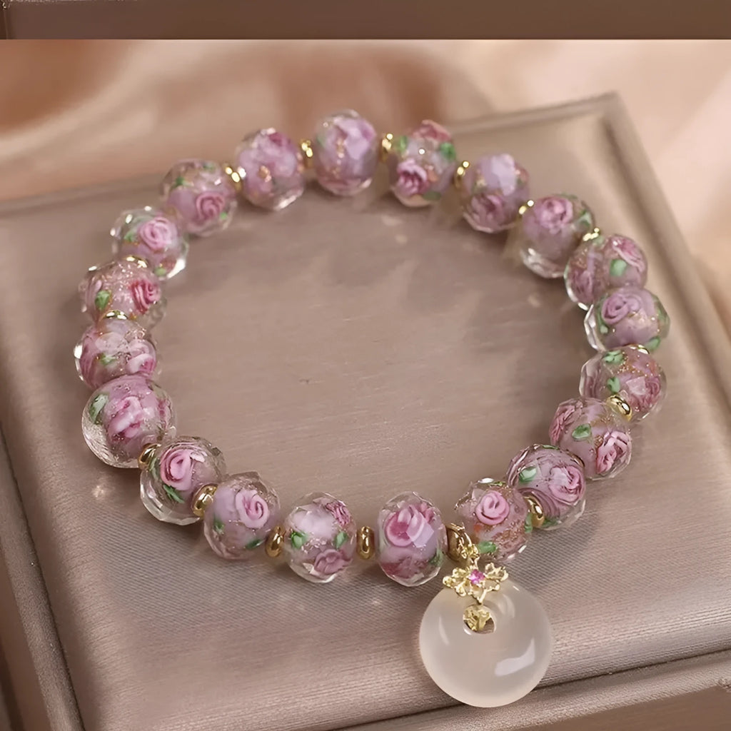 Purple glass bracelet for women with peace buckle and flower charm, sweet style travel gift