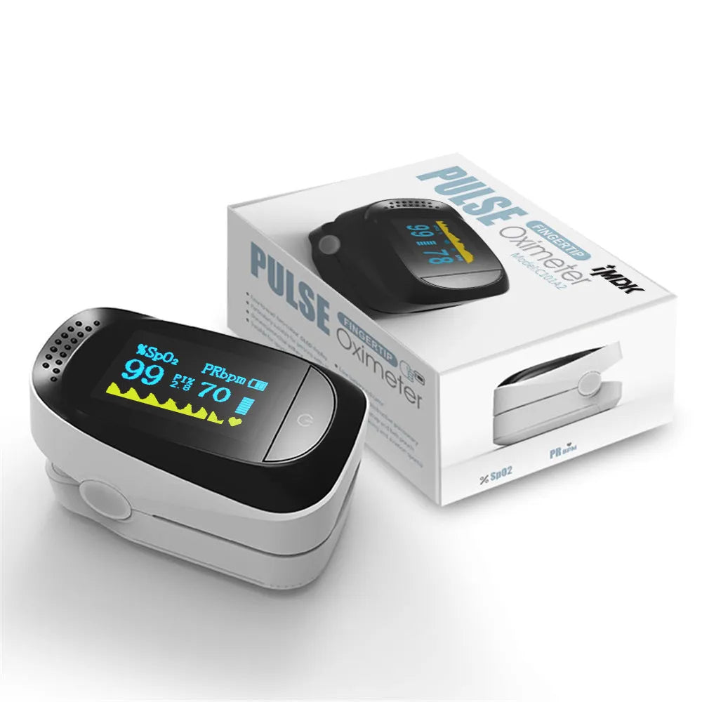fingertip pulse oximeter with black OLED screen showing SPO2 and pulse rate readings