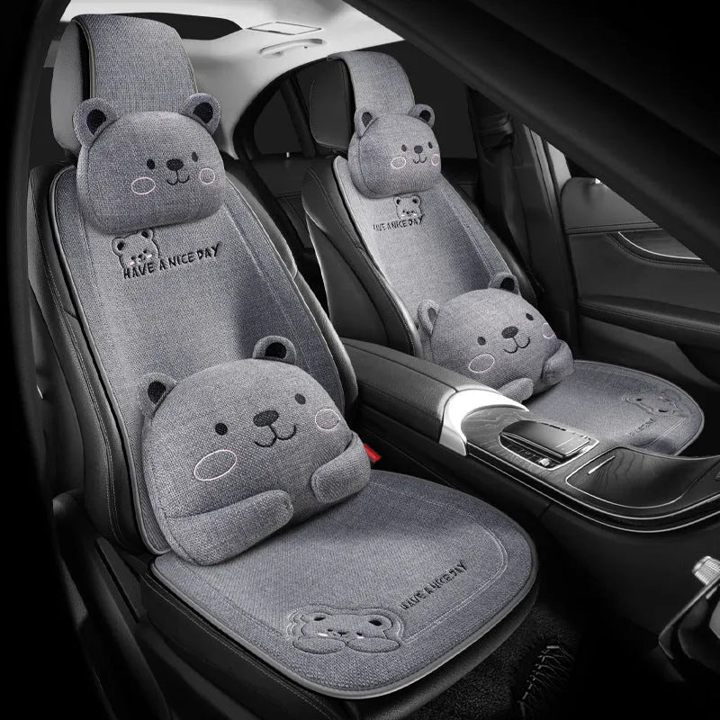 Car cushion set with headrest and lumbar support pillows in linen covers