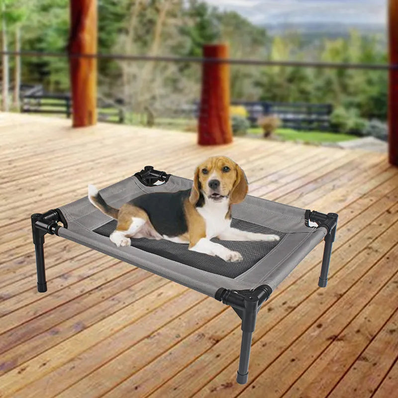 Black outdoor dog bed with steel frame and Oxford cloth cover measuring 55cm by 43cm