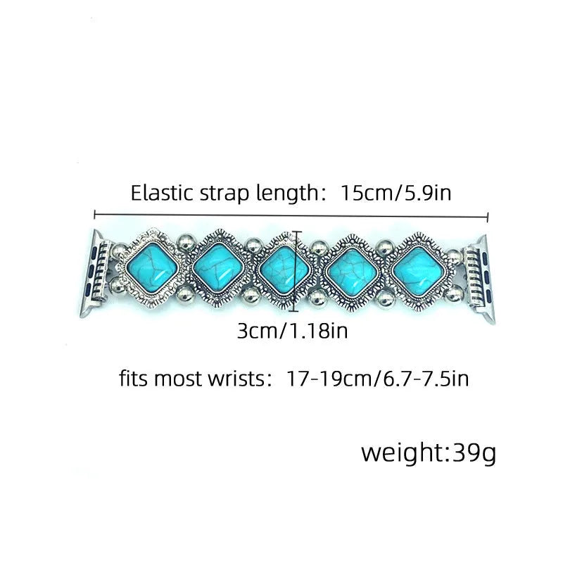 Bohemian turquoise smart watch strap on a black background showing 15cm length with three colour options black blue red