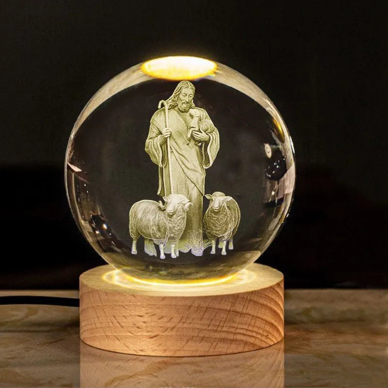 6cm white crystal ball desk ornament with laser-engraved cross design on a solid wood warm light base.