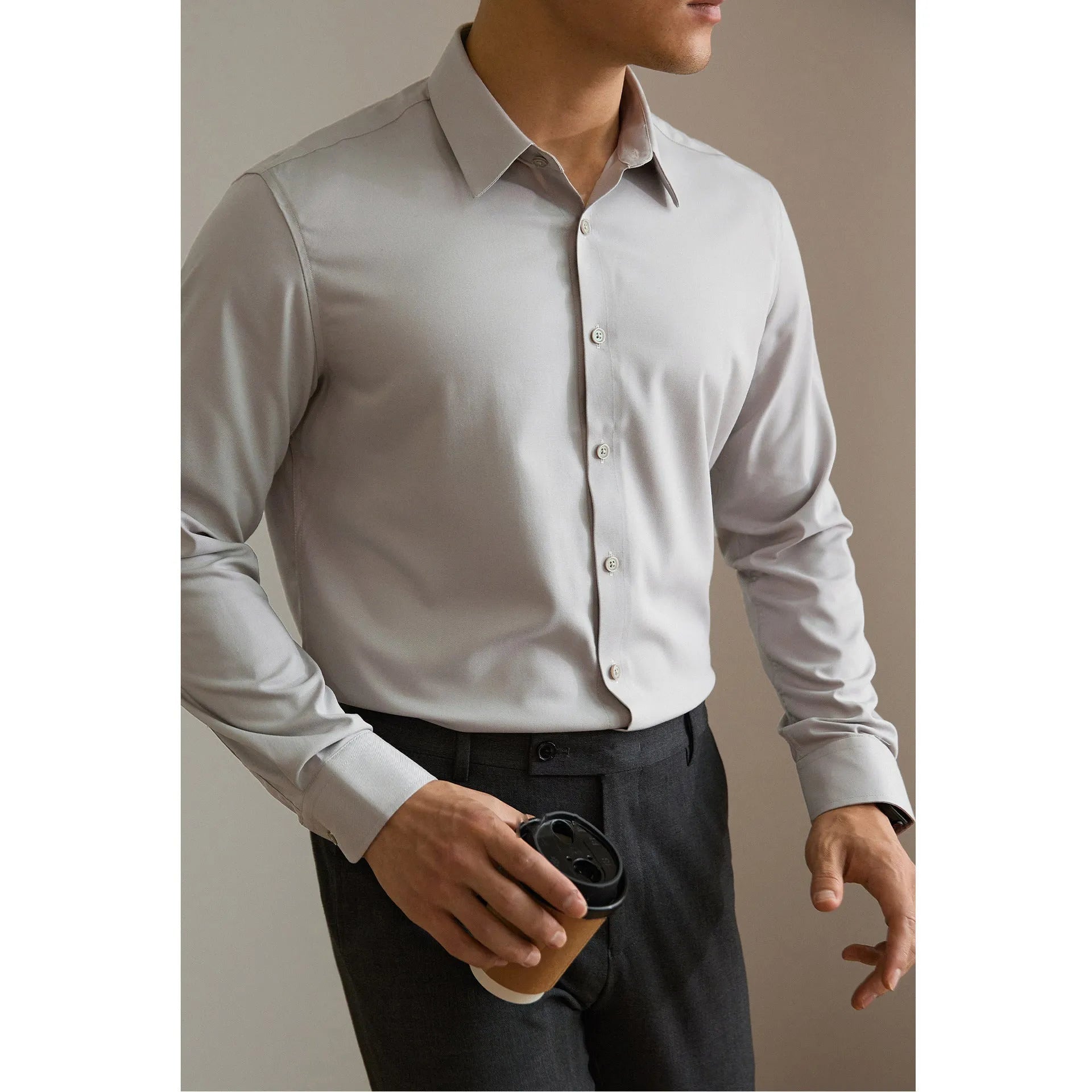 Men's ironing free long sleeve shirt in solid colour polyester, available in multiple colours and sizes M to 6XL