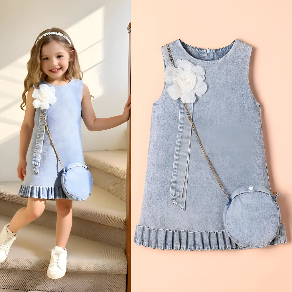 Girl's sleeveless 3D floral denim dress in blue cotton, suitable for height sizes 4Y 5Y 6Y 7Y