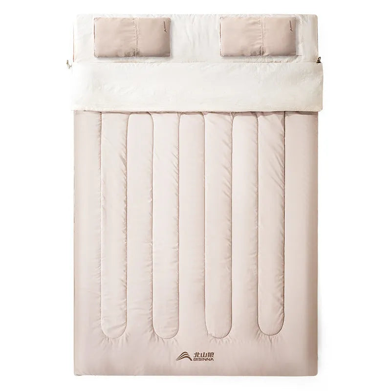 Double camping sleeping bag in coffee gray with thickened chemical fibre filling and envelope style, 210T polyester outer and washed cotton lining