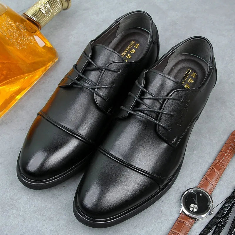 Men's black formal leather lace-up shoes with stitching detail and rubber sole