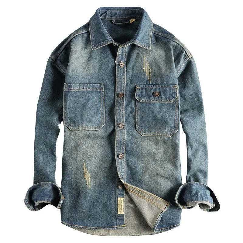 Men's light blue vintage denim shirt with loose fit and long sleeves