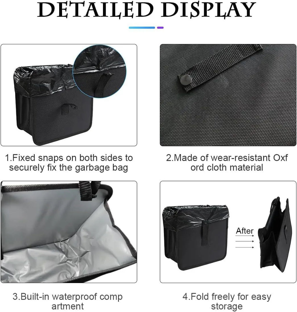 Black hanging car trash can made from Oxford cloth, showing its size and hanging loop.