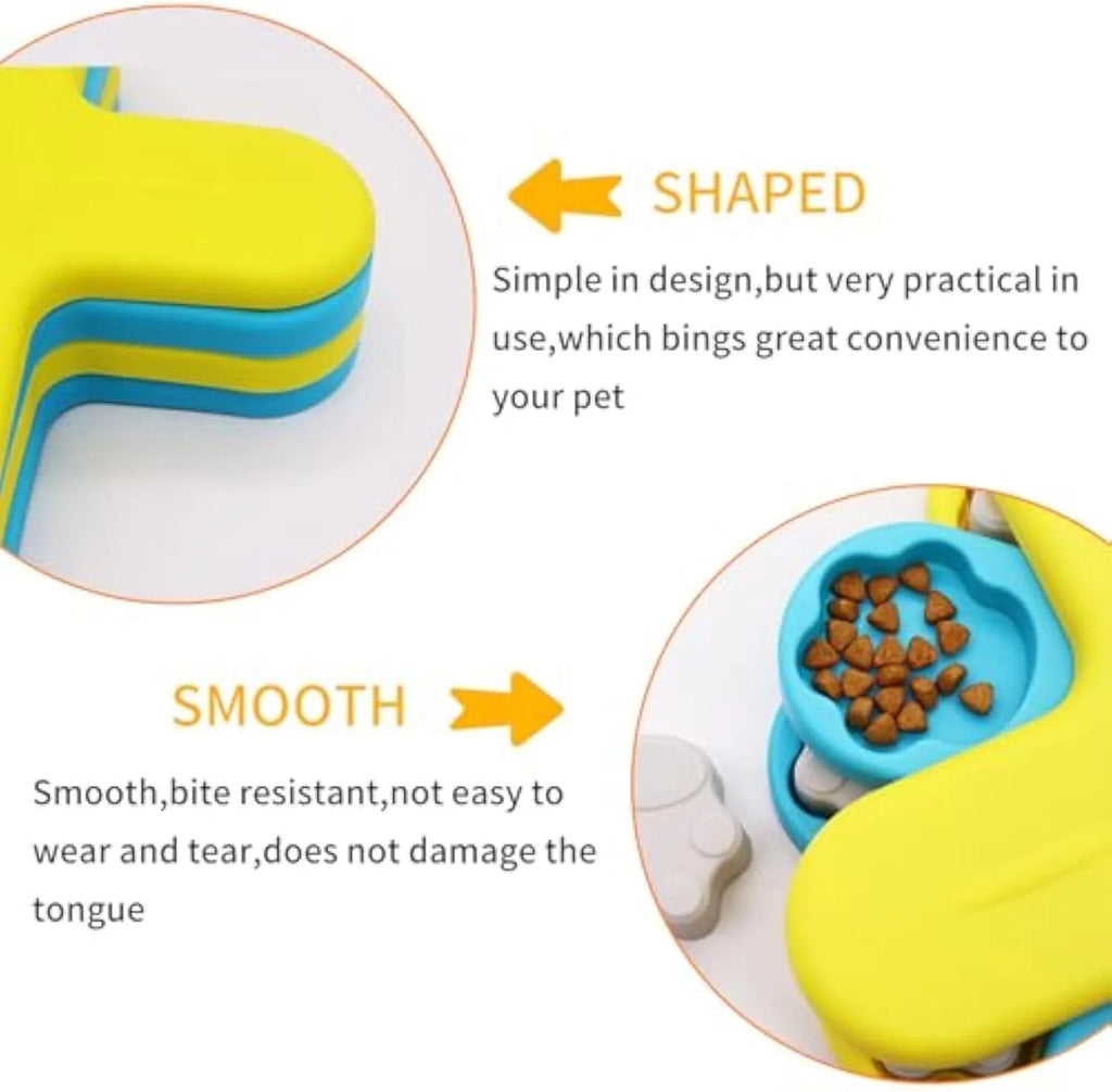 Yellow three-layer rotating dog puzzle feeder toy with anti-slip rubber pads on base