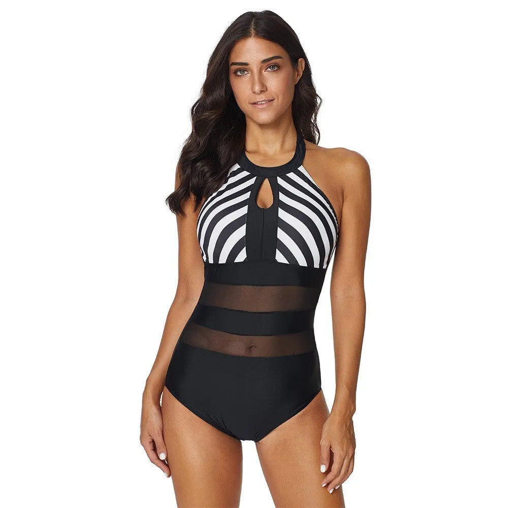 Women's plus size backless striped stitching one-piece swimsuit in black polyester, front view