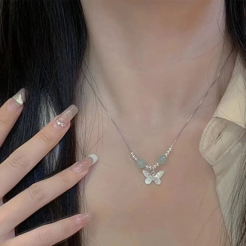 Hetian jade silver butterfly jewellery set for women with bracelet and necklace