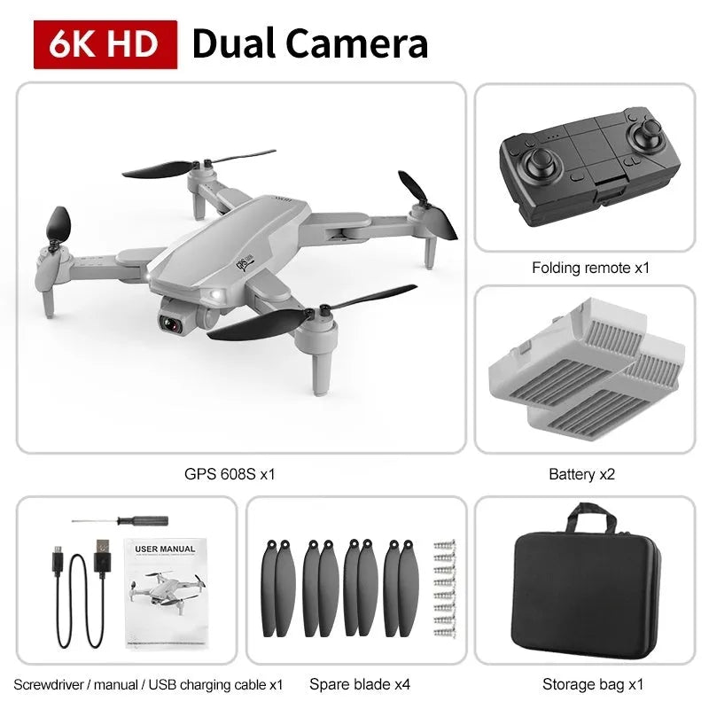 S608 PRO GPS dual camera quadcopter drone with brushless motor, 6K camera, and foldable orange body