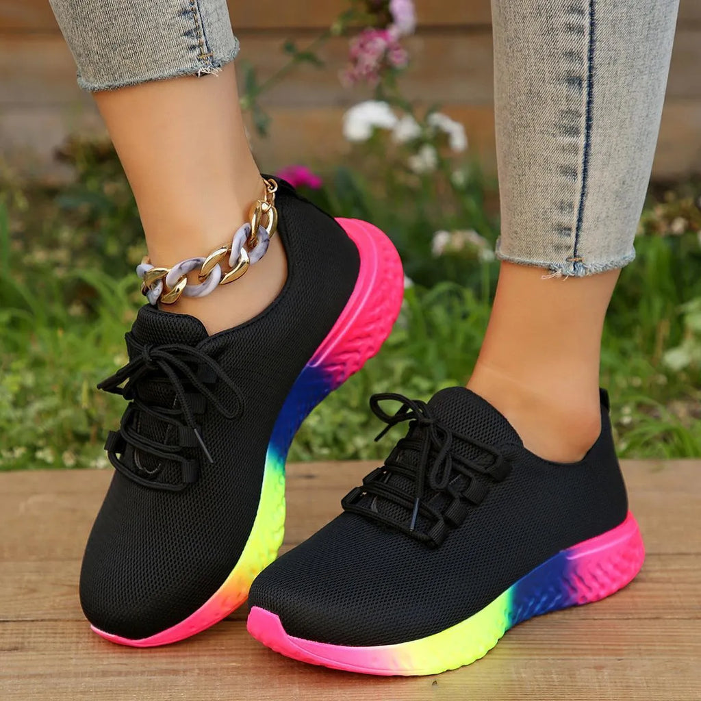 Women's plus-size rainbow low stretch pumps in white, flat heel, round toe, lace-up front, breathable mesh lining
