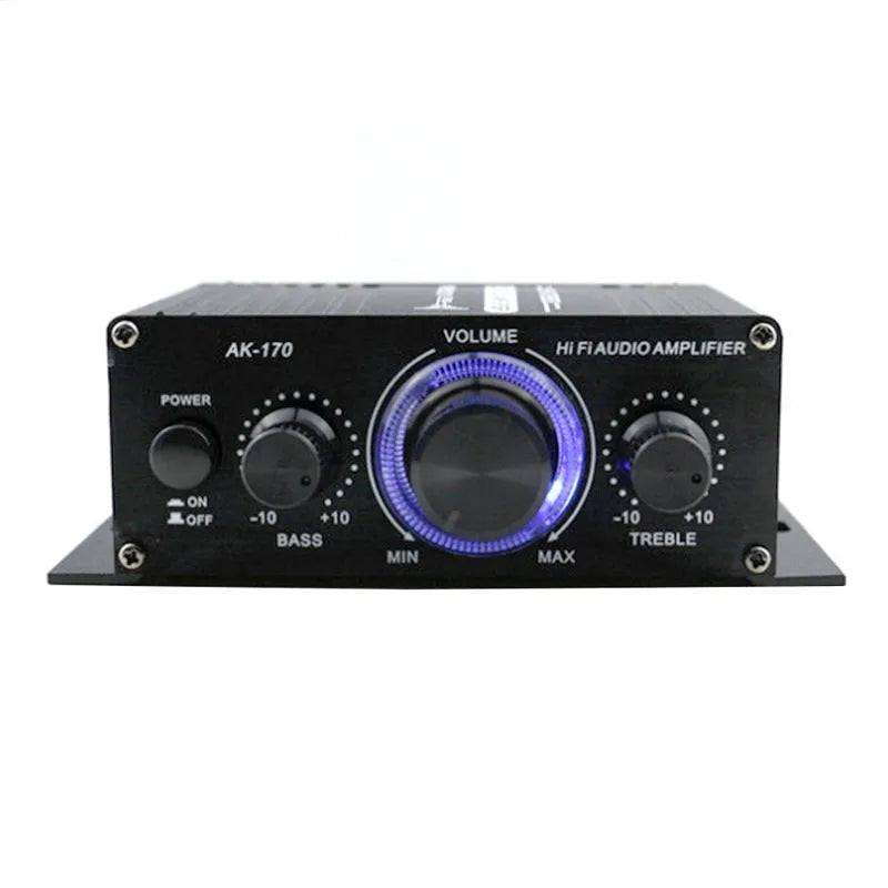 Mini small amplifier black 20W stereo with RCA input and cable clip outputs for home computer audio