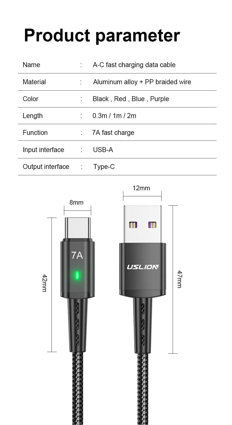 7A braided USB-C charging cable in 2 metre length with aluminium alloy connector, black colour