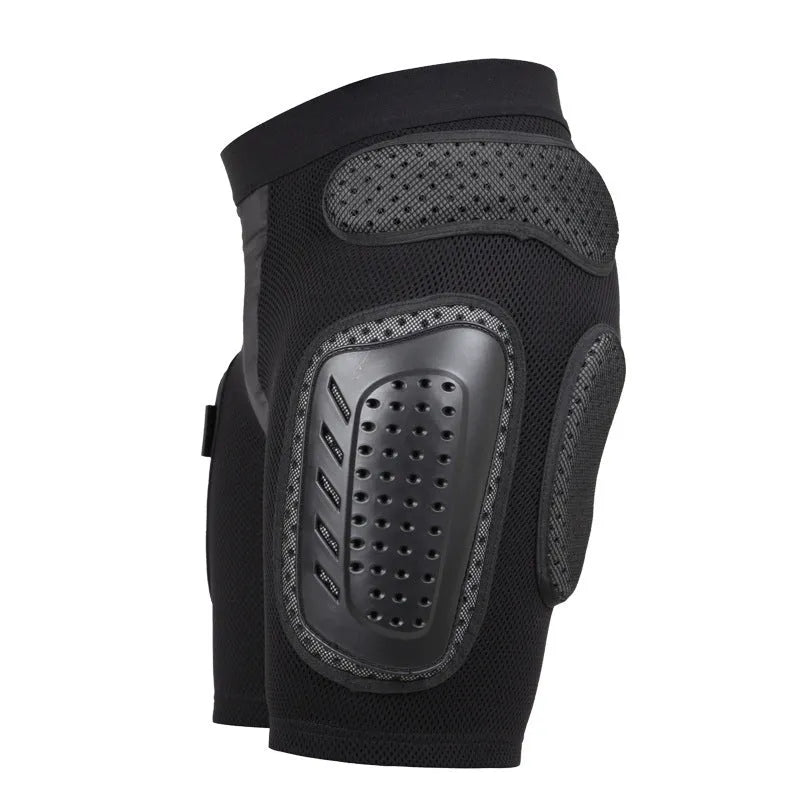 Black cycling protective hip pad pants on a mannequin, showing integrated padding at the hip area.