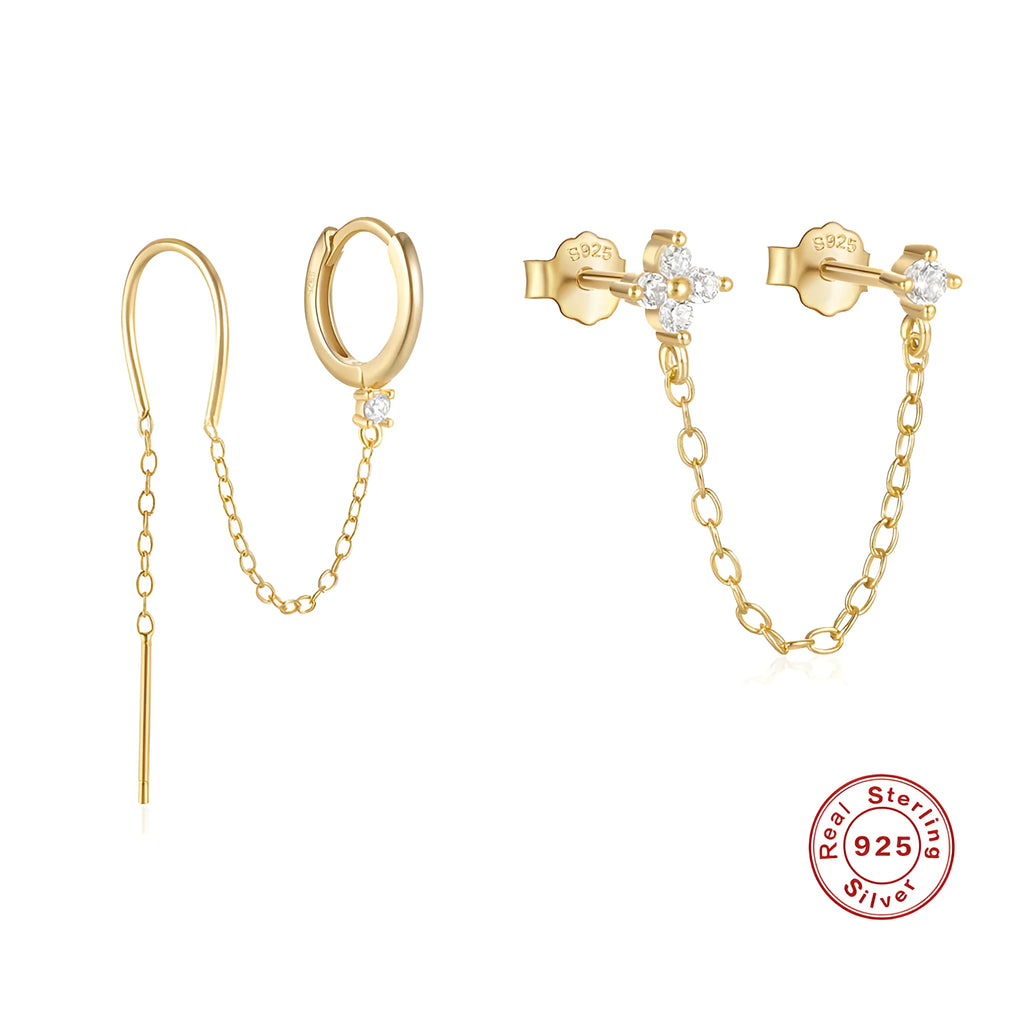 S925 sterling silver geometric earrings with flower tassel chain design in golden electroplated finish