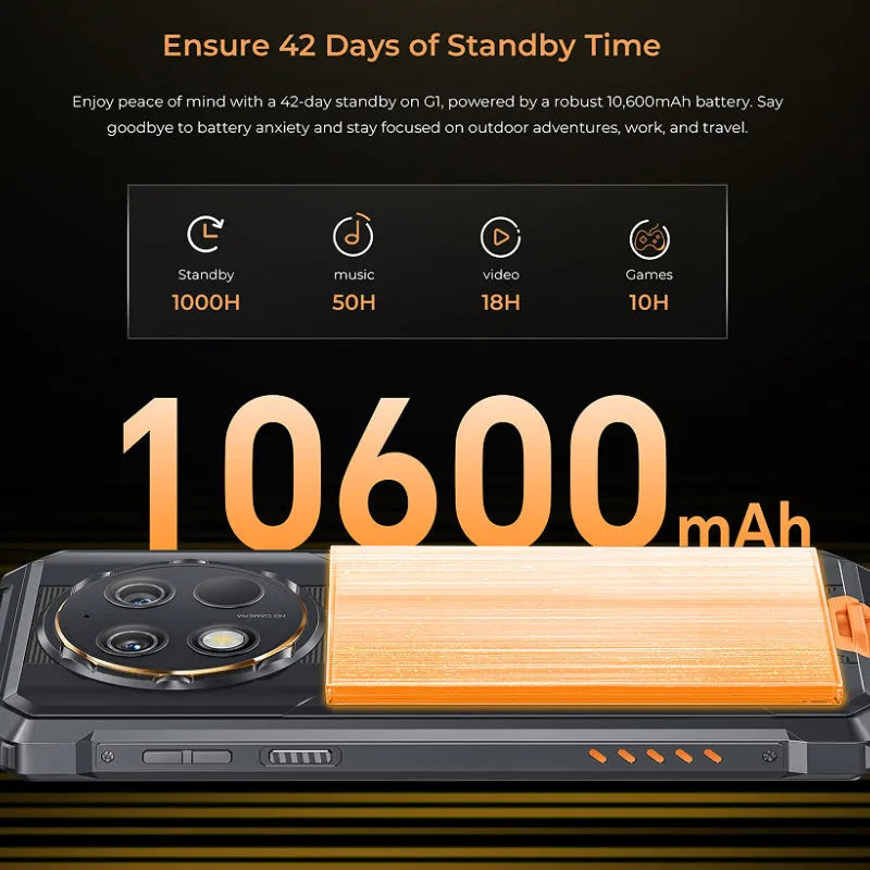 OUKITEL G1 mobile phone in choice of grey, green, or orange colour with charger and manual.