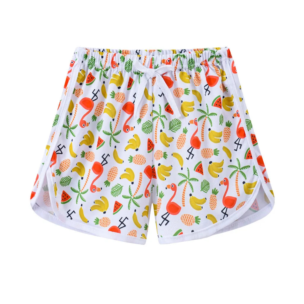 Children's polyester holiday shorts in multiple colours and patterns with height sizing from 100 to 140cm