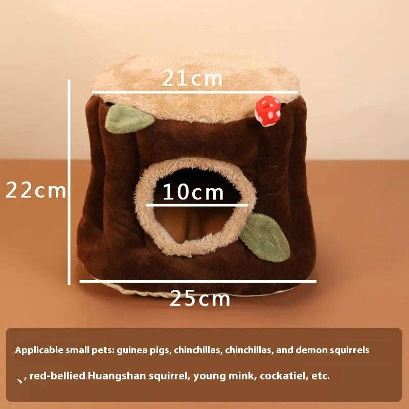 Brown cloth hanging stump nest for rabbits or small pets, shown in three size options S, M, L.