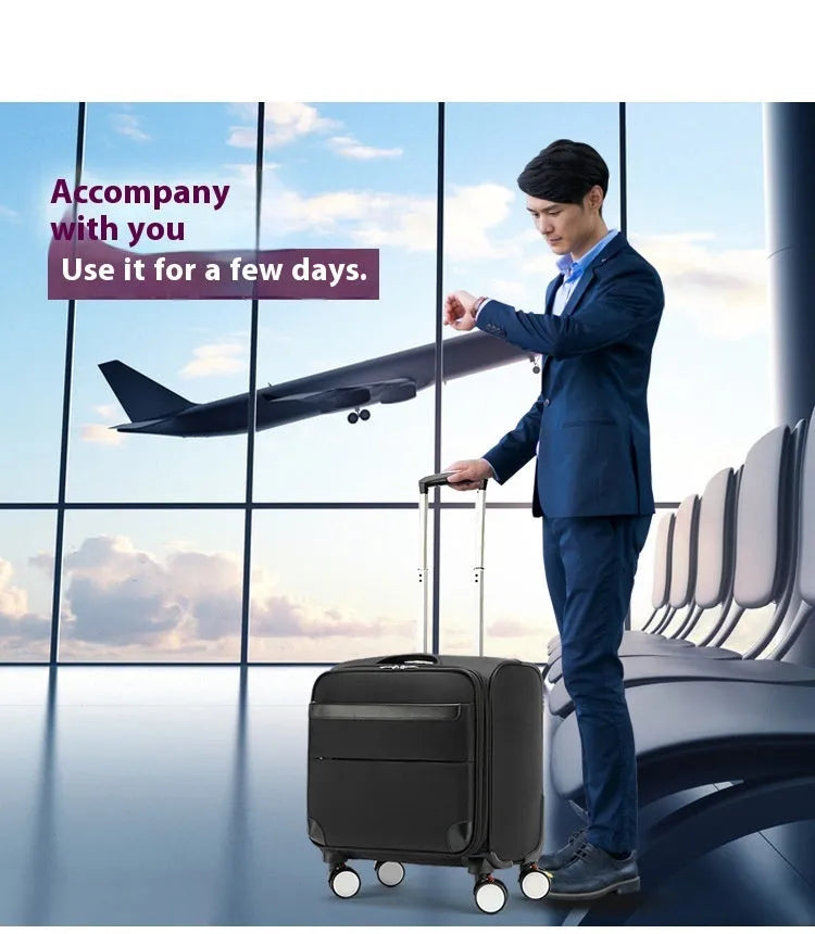 Black 18-inch carry-on cabin suitcase with retractable handle, four wheels, and combination lock on anti-theft zips.