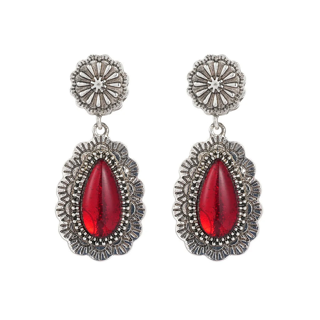 Alloy retro bohemian carved ruby drop earrings for women in colour 10505