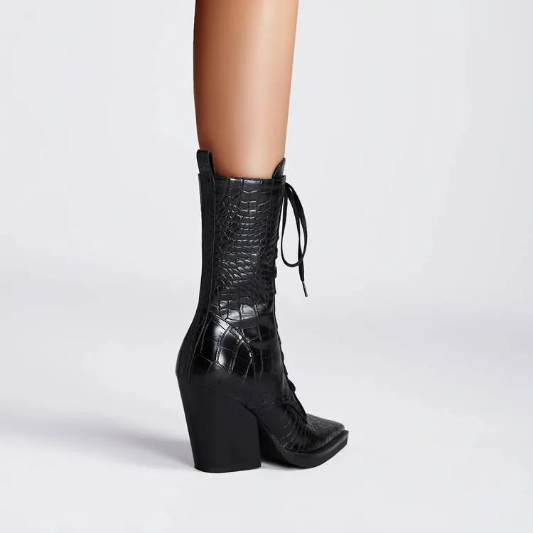Dark brown women's lace-up ankle boots with a retro stone pattern, pointed toe, and a chunky high heel.
