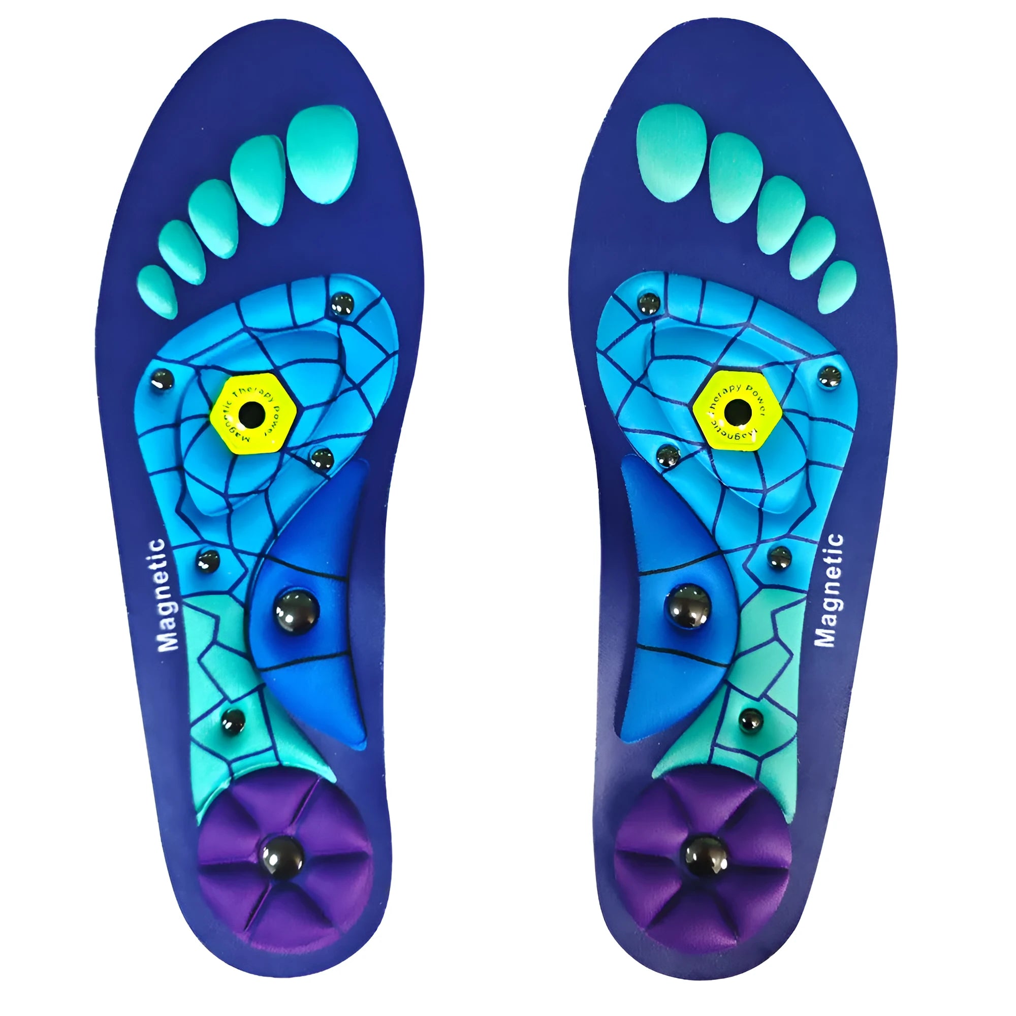 Pair of breathable EVA health care insoles in black, blue and red colours for casual shoes