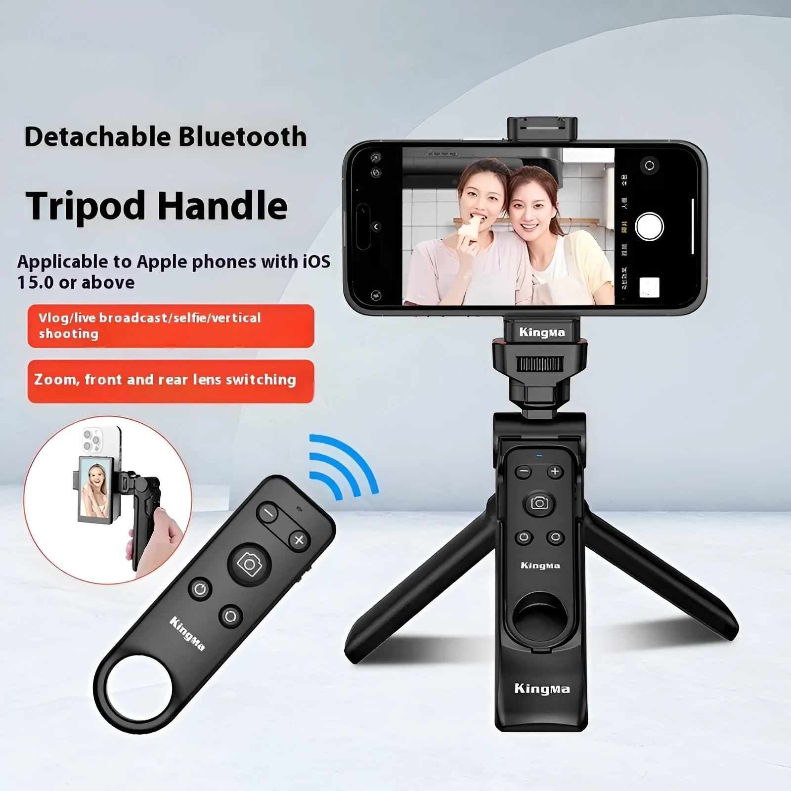 Mobile phone Bluetooth remote control tripod with handle in black ABS material on flat surface