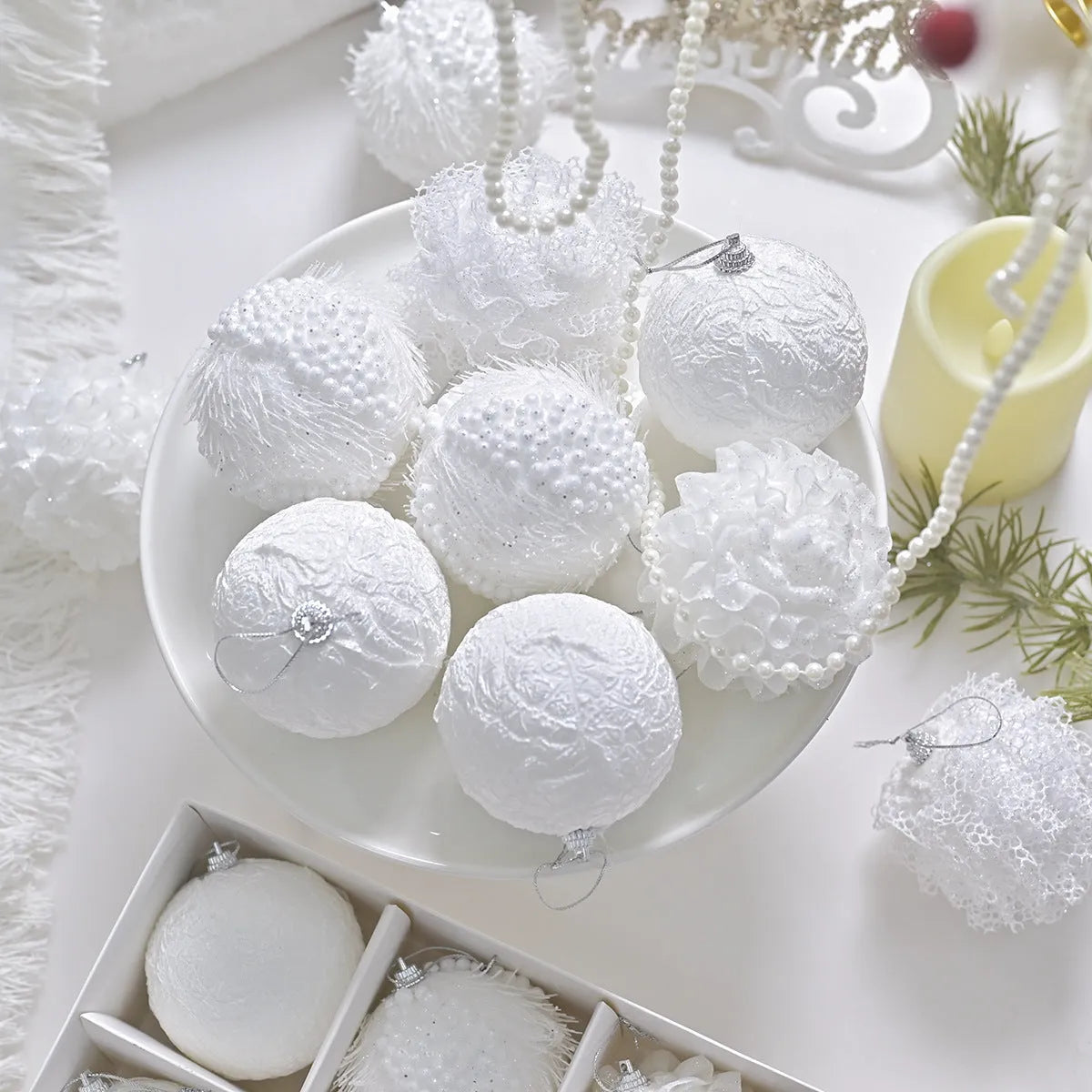 Lace glitter foam Christmas ball decorative pendant ornament in XM0171S colour on plastic base