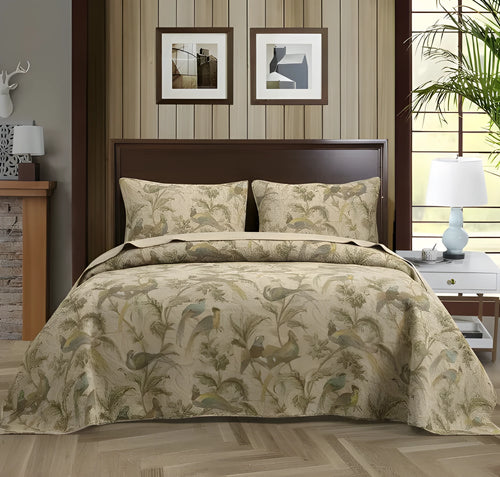 Blue American floral bird pattern cotton bedspread set with quilted textiles