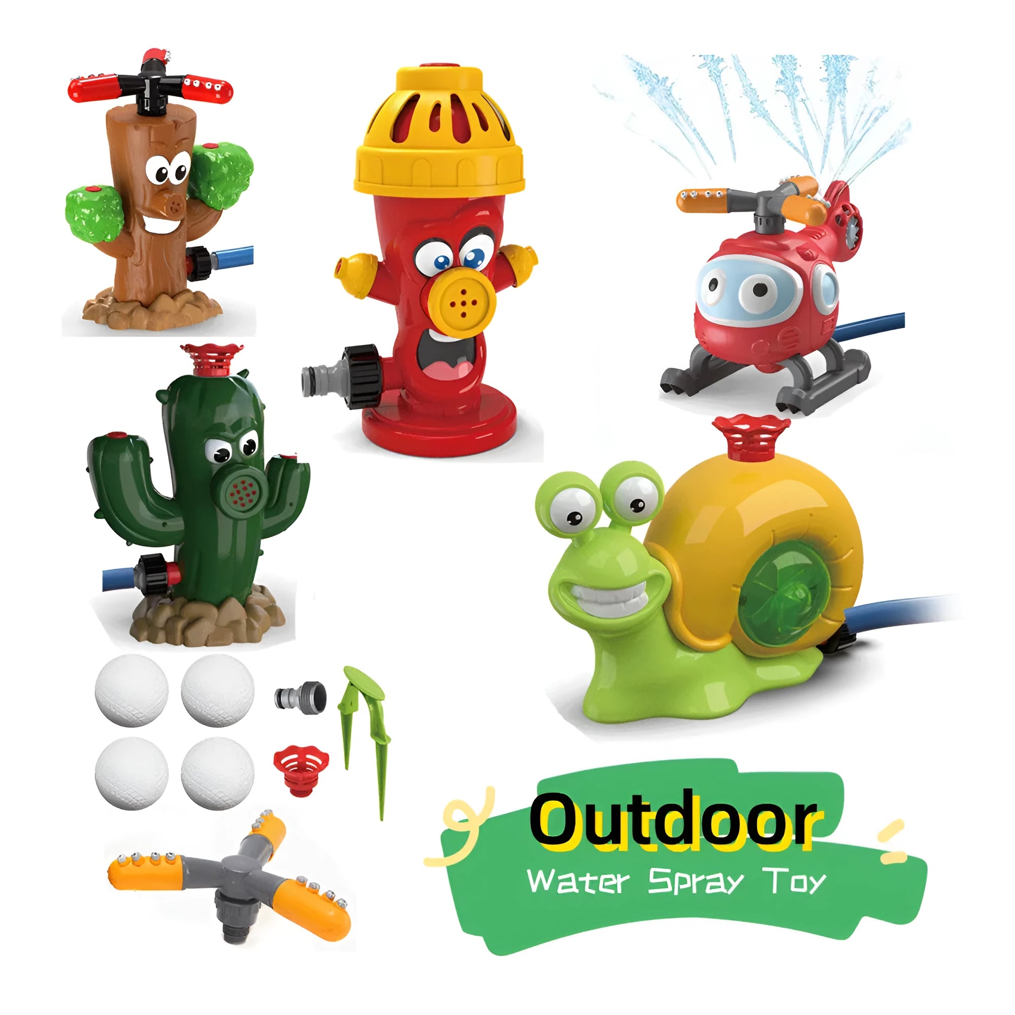 Cactus-shaped outdoor water sprinkler toy for kids connecting to a garden hose in a sunny backyard