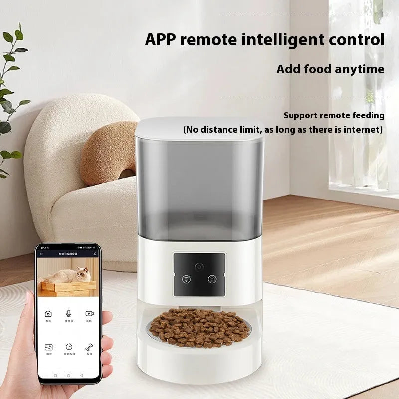 Automatic pet feeder in white with single bowl, featuring timing and remote control for cats and dogs.
