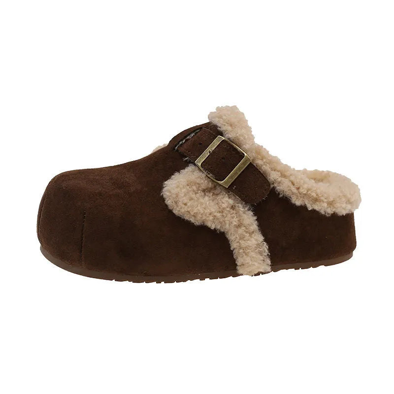 Baotou semi-drag fleece lazy cotton slippers in camel colour with closed toe and rubber sole on a light background