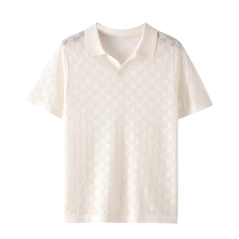 Men's short sleeve lapel sweater in mulberry silk for business casual wear.
