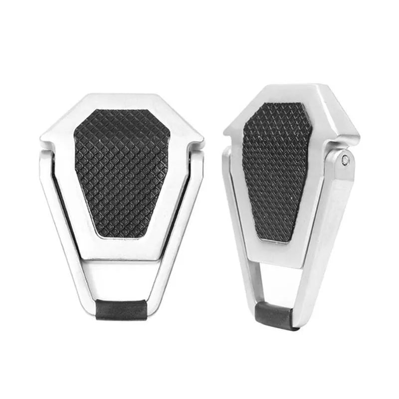 Aluminium alloy folding laptop bracket showing compact 4.8cm height with adhesive backing
