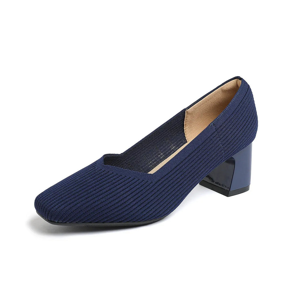 Women's thick head stiletto knitted shoes with block heel, square toe, and mid-heel height, available in multiple colours