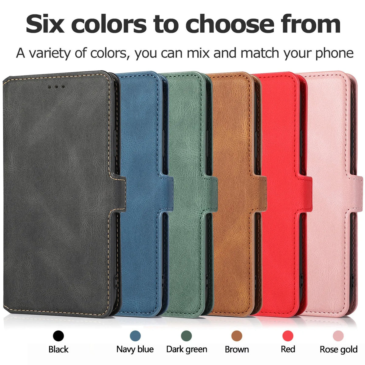 Clamshell phone case for Samsung with card slot, photo frame, and bracket in black PU TPU flip style.