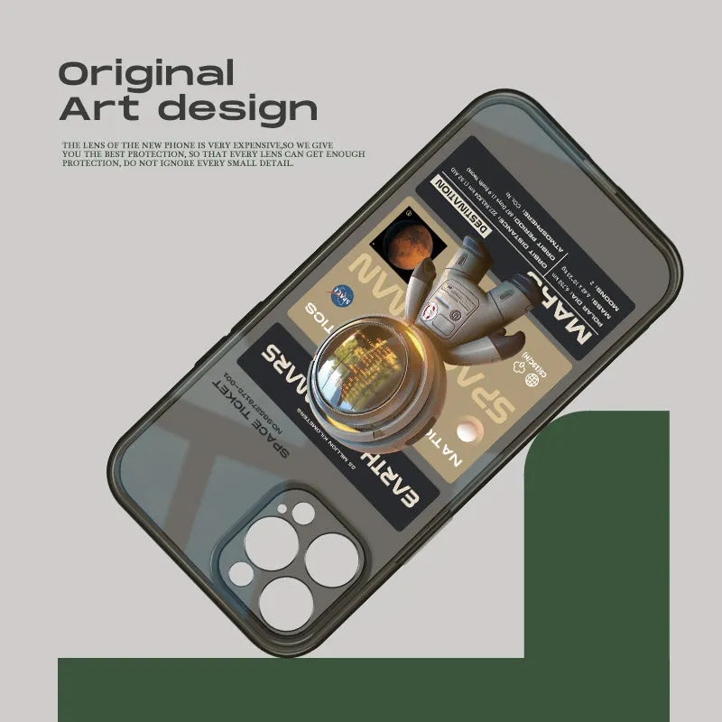 Black TPU protective phone case for Apple iPhone with Mars Ticket or Oasis Flight decorative print.