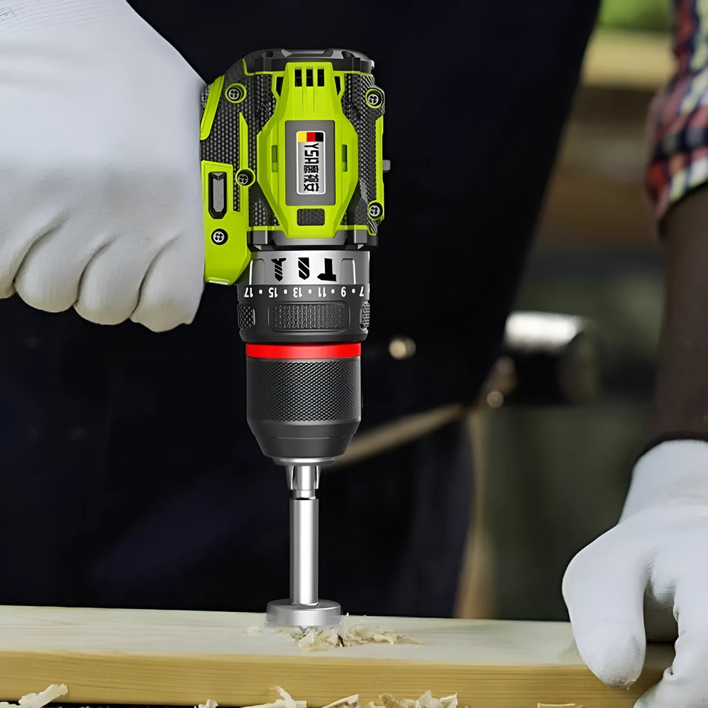 21V brushless impact drill with 10mm chuck, 150Nm torque, and two lithium batteries