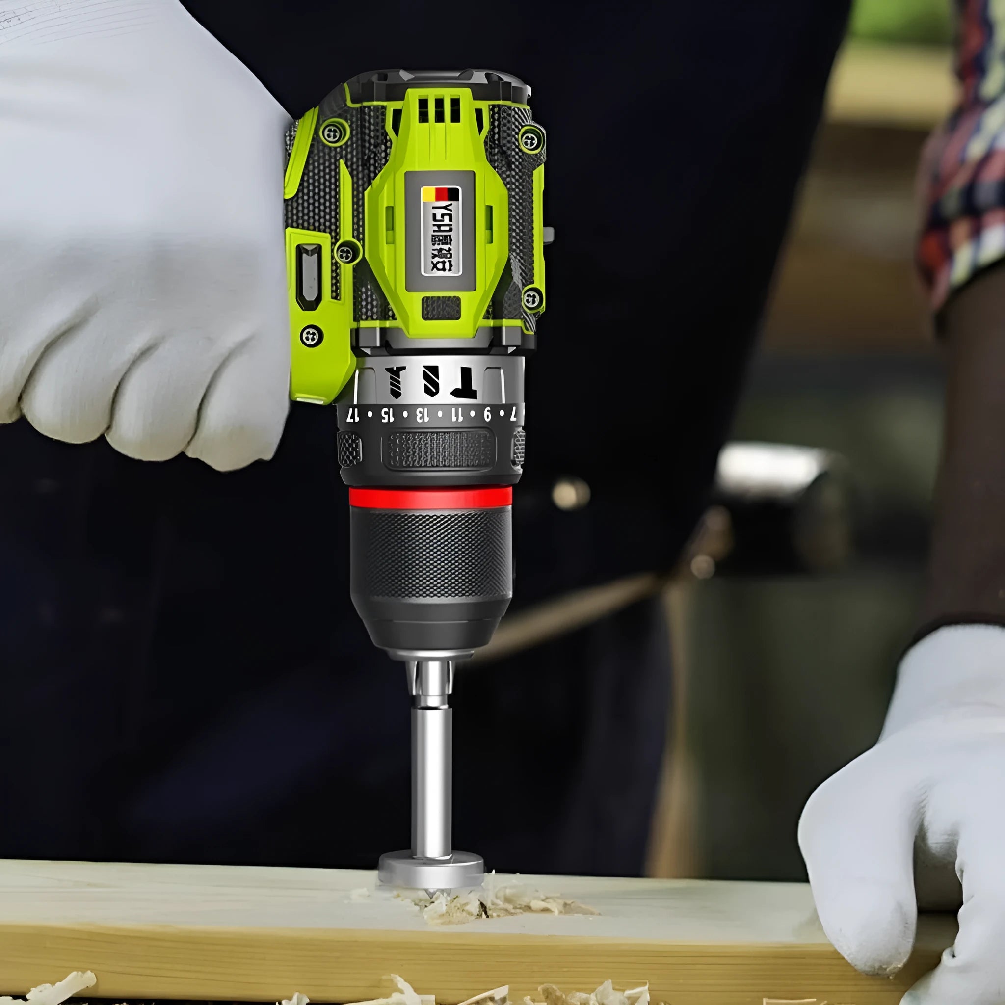 21V brushless impact drill with 10mm chuck, 150Nm torque, and two lithium batteries