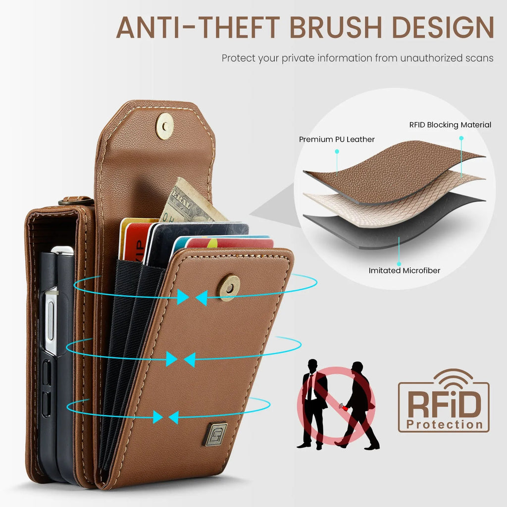 Folding three-in-one PU leather phone case for Samsung Z Flip 5 and Z Flip 6 with bracket and crossbody lanyard, shown in multiple colours