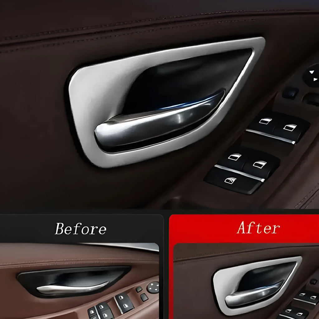 Four ABS stainless steel decorative frame bars for BMW 5 Series F10/F11 interior door handles.