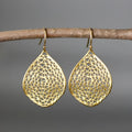 Gold retro leaf hollow pendant drop earrings showing intricate openwork design