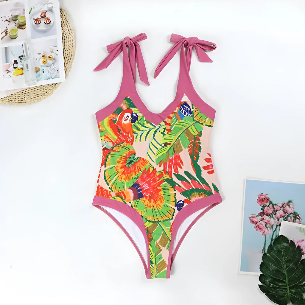Retro floral print one-piece swimsuit with V-neck design and thin attached skirt