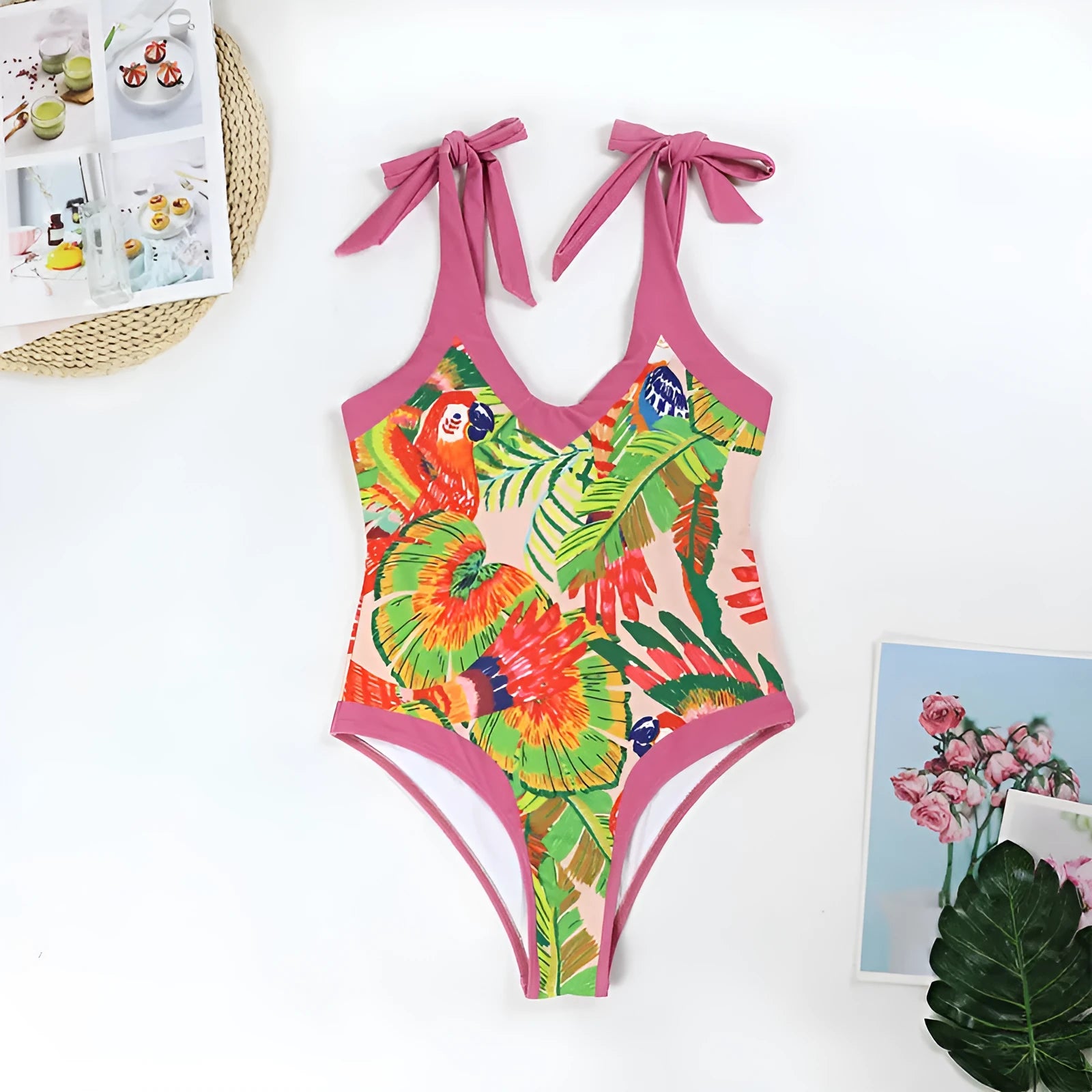 Retro floral print one-piece swimsuit with V-neck design and thin attached skirt