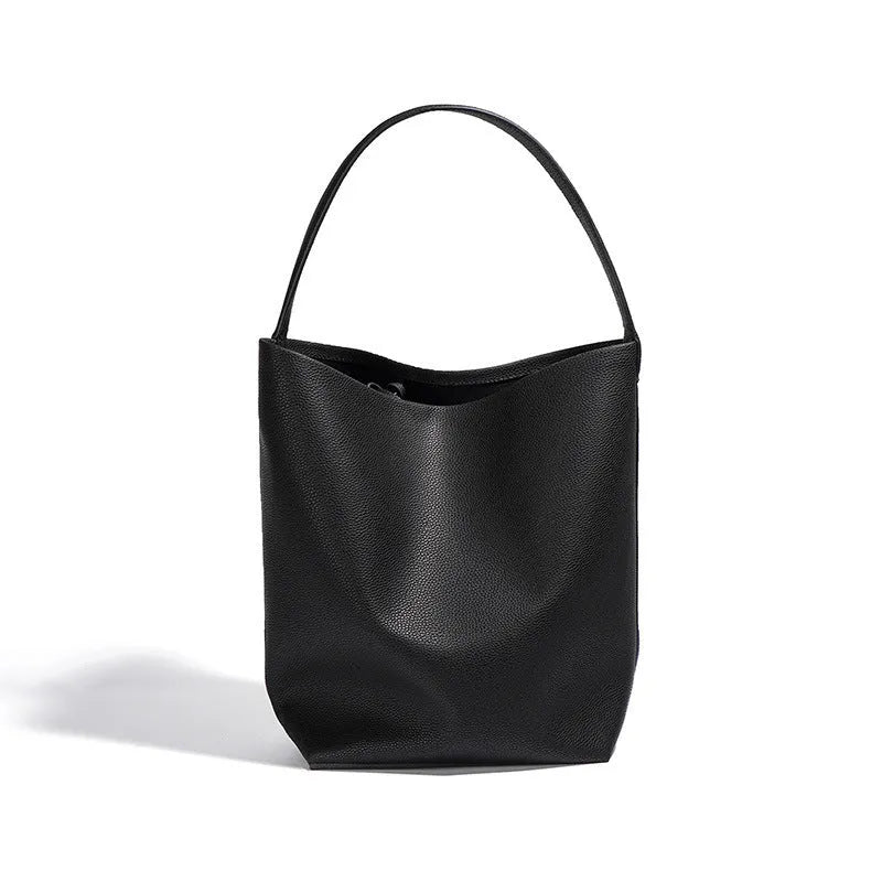 Genuine leather bucket bag for women, beige, with patchwork detailing and open outer pocket