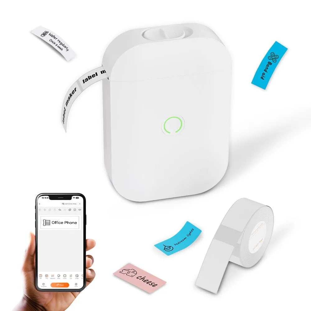 D11 AIYIN White portable Bluetooth thermal label printer on a desk with label roll visible