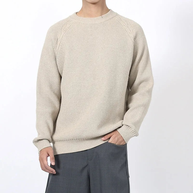 Men's loose round neck sweater in pink apricot, long sleeve pullover style for spring autumn