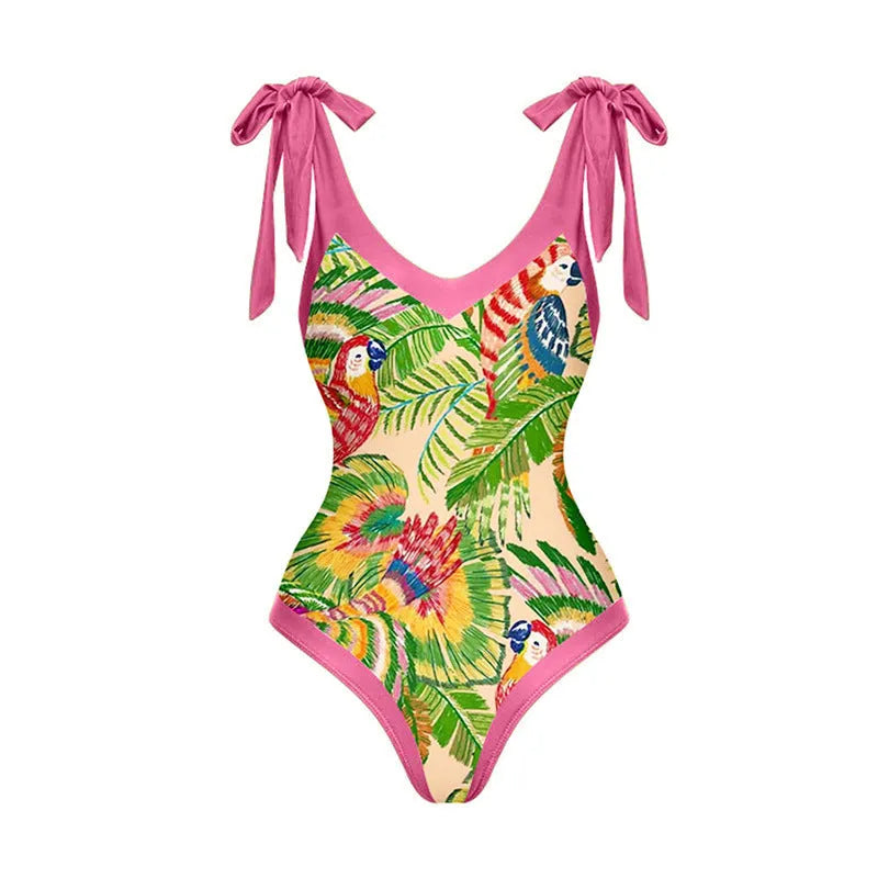 Retro floral print one-piece swimsuit with V-neck design and thin attached skirt
